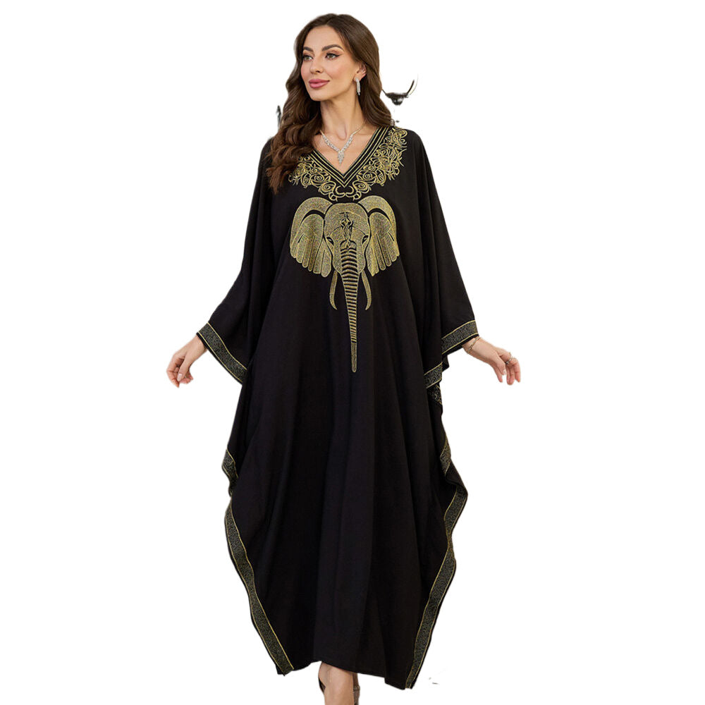 Dame Elegant Kaftan med kunstnerisk elefantbroderi og bredt svingende ærmer Stilla