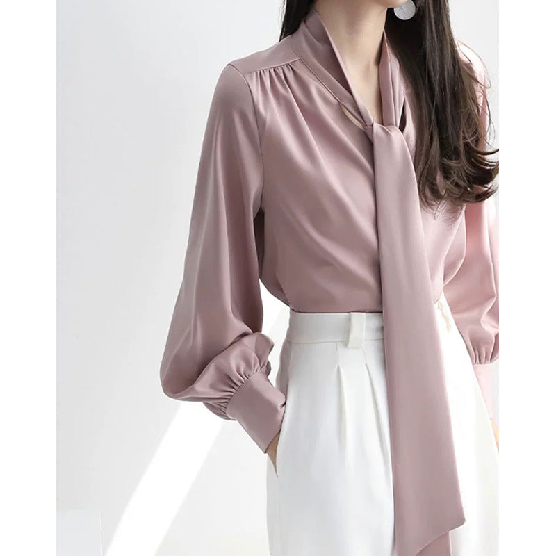 Dame elegant Bluse med sløjfe krave og puffærmer Stilla