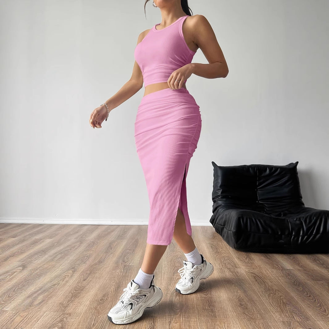 Dame Crop-Top og Nederdel Sæt med Sideslitz og Ribstruktur Stilla