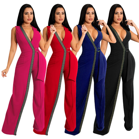 Dame Mode Jumpsuit med dyb V-udskæring og sidelæns bindebælte Stilla