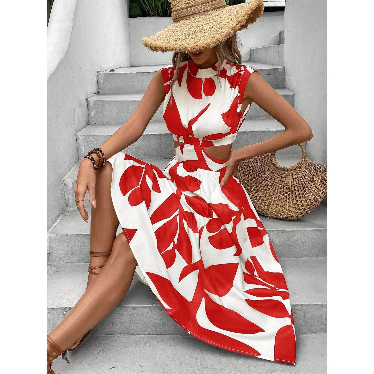 Dame Elegant Cut-Out Midi Kjole med Blomsterdesign Stilla