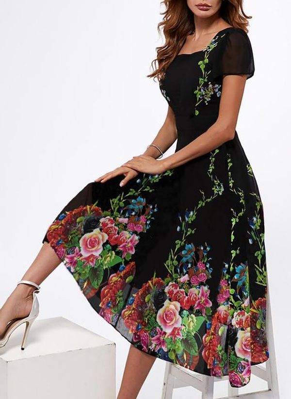 Dame A-linje Floral-Print Midi Kjole Stilla