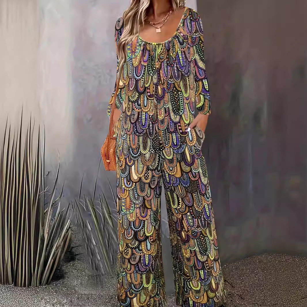 Dame Bredskåret Jumpsuit med farverigt Ethnomønster og sidelommer Stilla