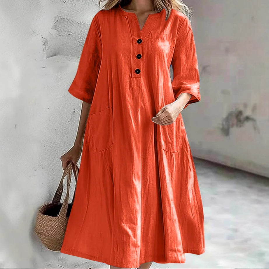 Dame afslappet midikjole med knaplukning og praktiske lommer Stilla