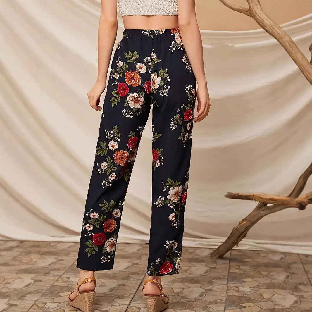 Dame Elegant fritidsbukser med blomstermønster og bælte Stilla