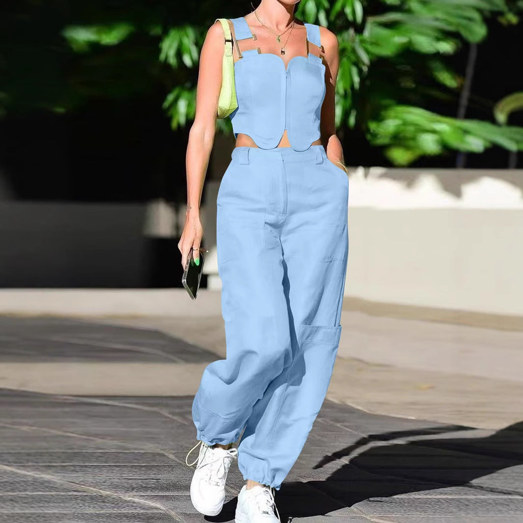 Dame Cropped Top og brede Bukser med Lommer Stilla