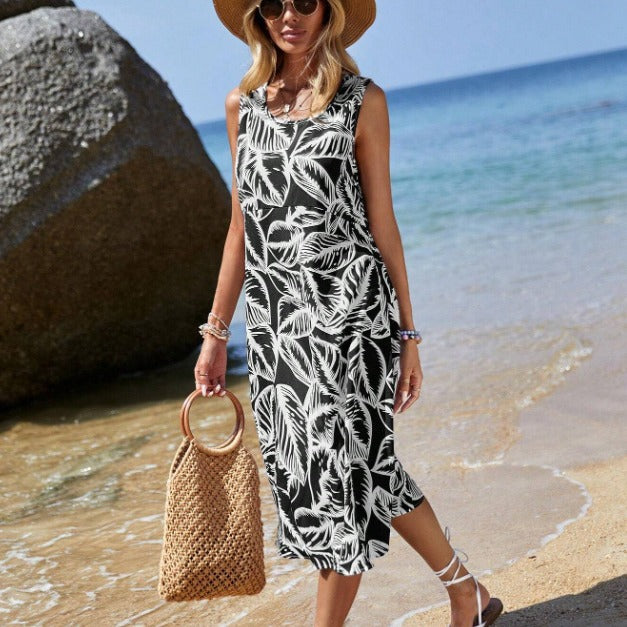 Dame afslappet strandkjole med blomsterdesign og sidelommer Stilla