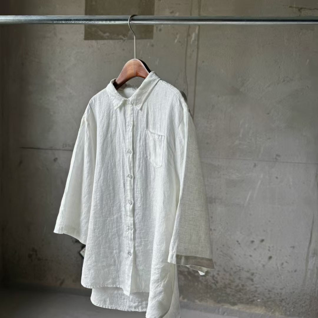 Dame Afslappet Fit Linned Knap-Up Skjorte Stilla