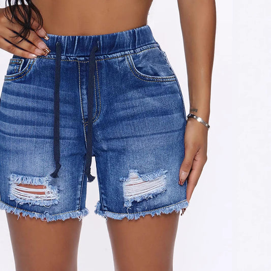 Dame Destroyed Denim-Shorts med høj talje og afslappet design Stilla