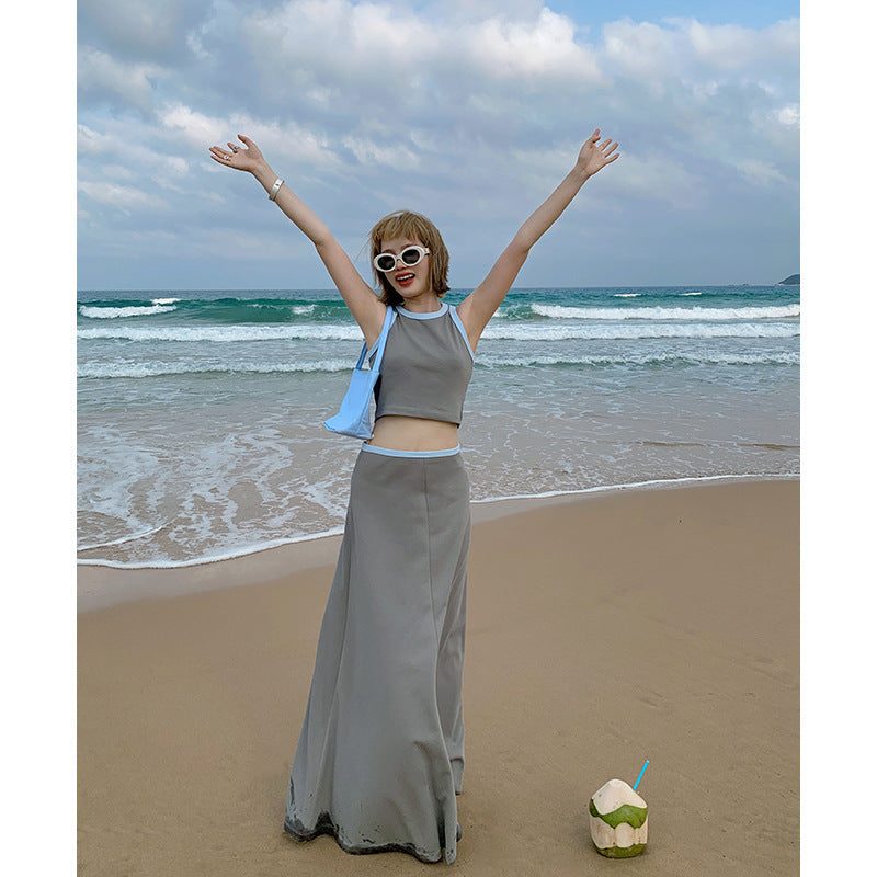 Dame Crop-Top og Maxiskørt-sæt med kontrastdetaljer og flydende snit Stilla