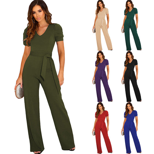 Dame Elegant Jumpsuit med taljerbar skæring og korte puffærmer Stilla