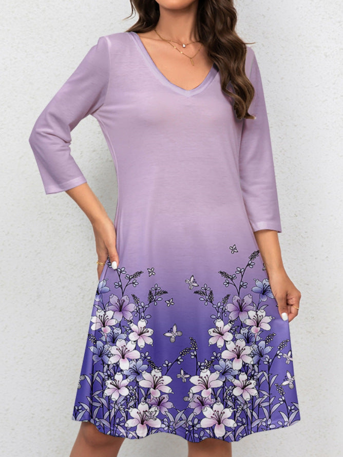 Dame A-linie kjole med blomstermotiv og praktiske lommer Stilla