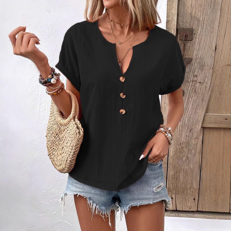 Dame afslappet kortærmet bluse top med knaplukning og V-hals Stilla