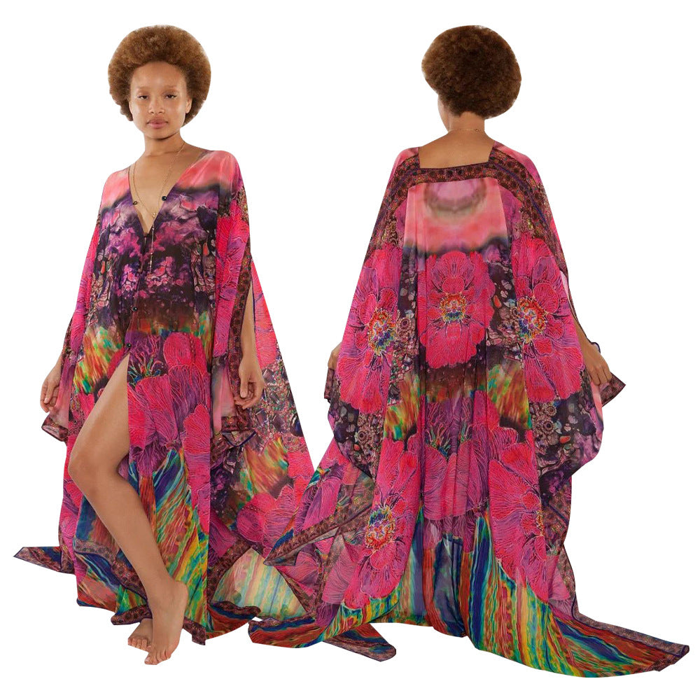 Dame Strand-Kimono med kunstnerisk slange motiv og vide ærmer Stilla
