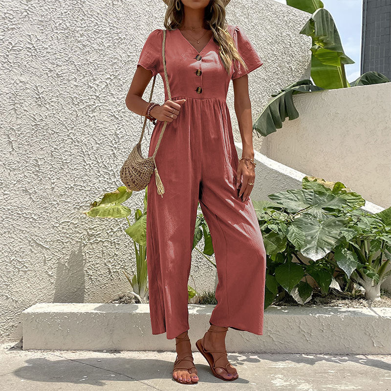 Dame Elegant Knap-Foroven Bredbenet Jumpsuit Stilla