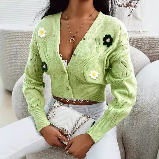 Dame trendy strik cardigan med blomsterapplikationer Stilla