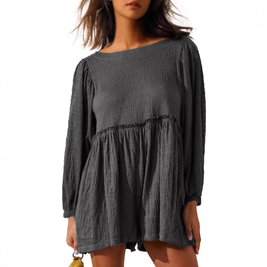 Dame afslappet skjortekjole med bredskårne ærmer og volanter Stilla