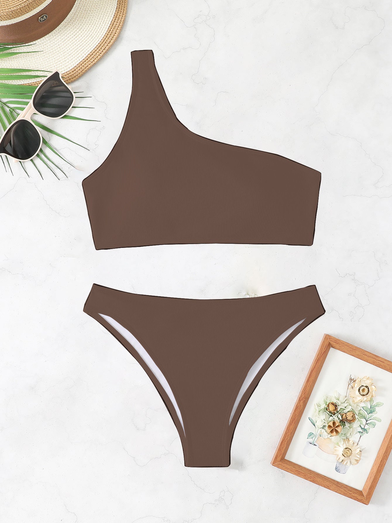 Dame Ein-skulder Rib Bikini Sæt Stilla 1750840252