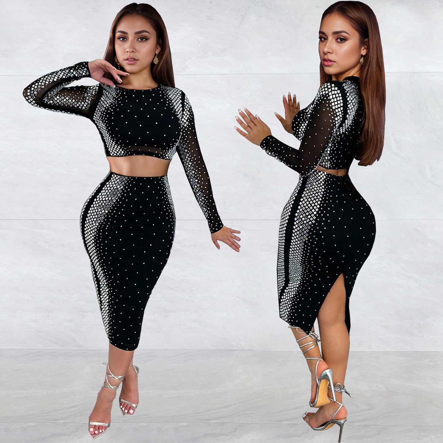 Dame Crop-Top og Blyantskørt Sæt med funklende Applikationer Stilla