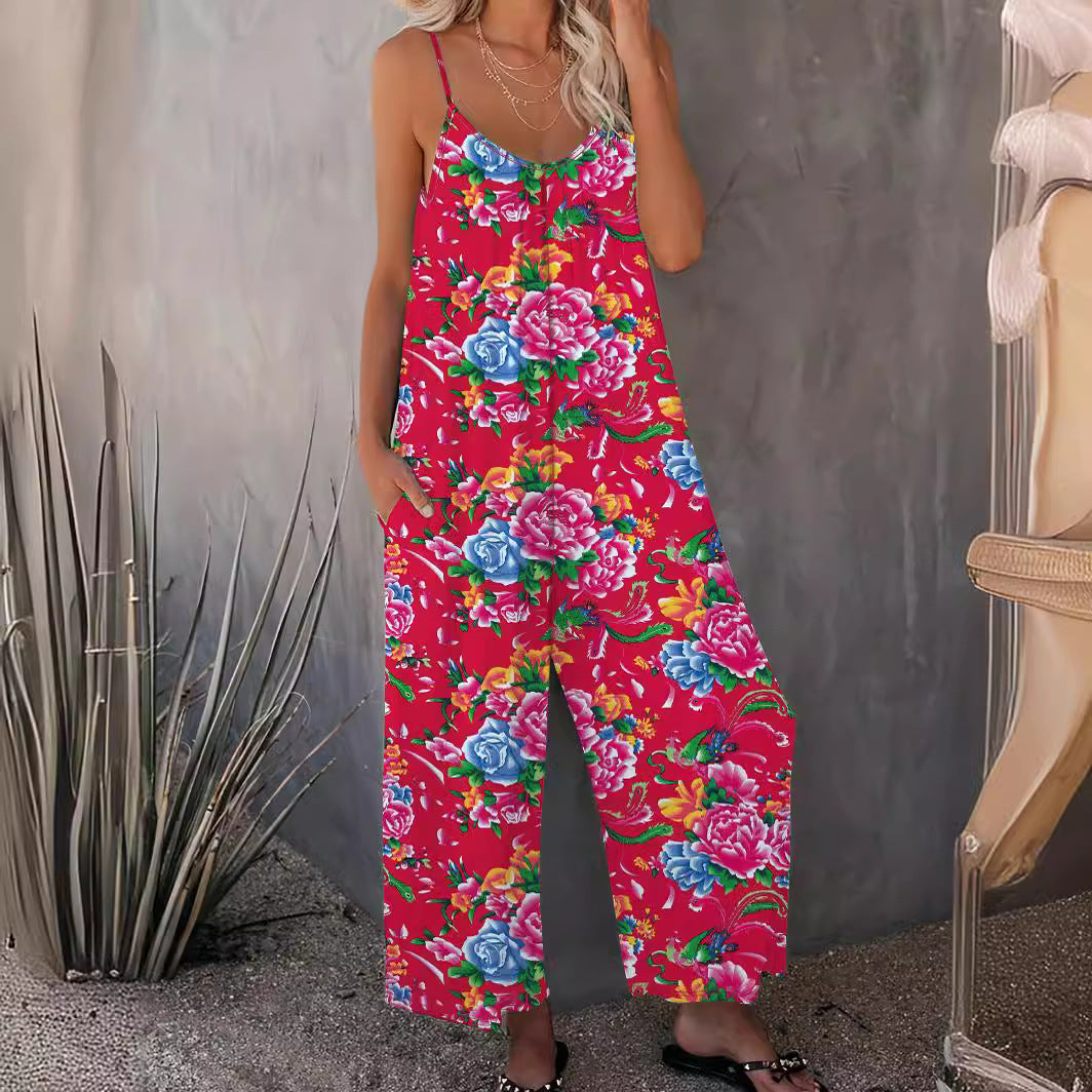 Dame sommer jumpsuit med blomster mønstre og bred pasform Stilla