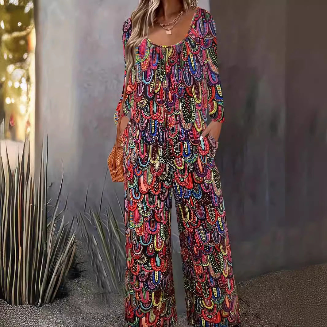 Dame Bredskåret Jumpsuit med farverigt Ethnomønster og sidelommer Stilla
