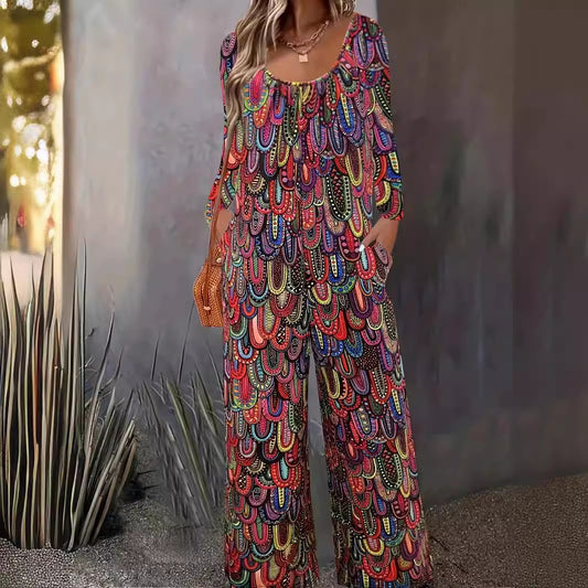 Dame Bredskåret Jumpsuit med farverigt Ethnomønster og sidelommer Stilla