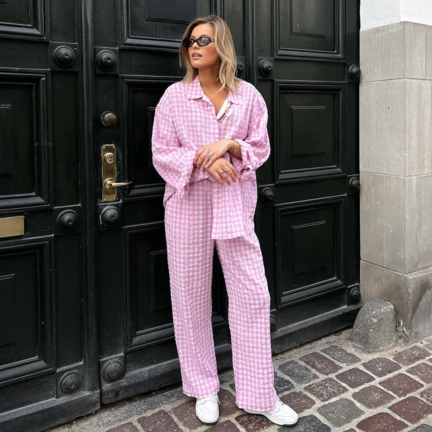 Dame afslappet bomuldsbluse- og bukse sæt med minimalistisk ternet mønster Stilla