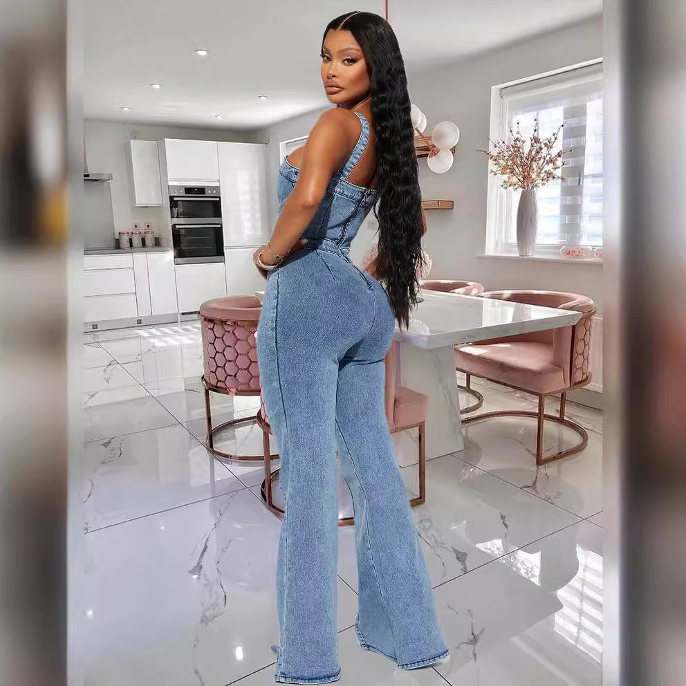 Dame Denim-Overalls med figursyet pasform og afslappede klapben Stilla