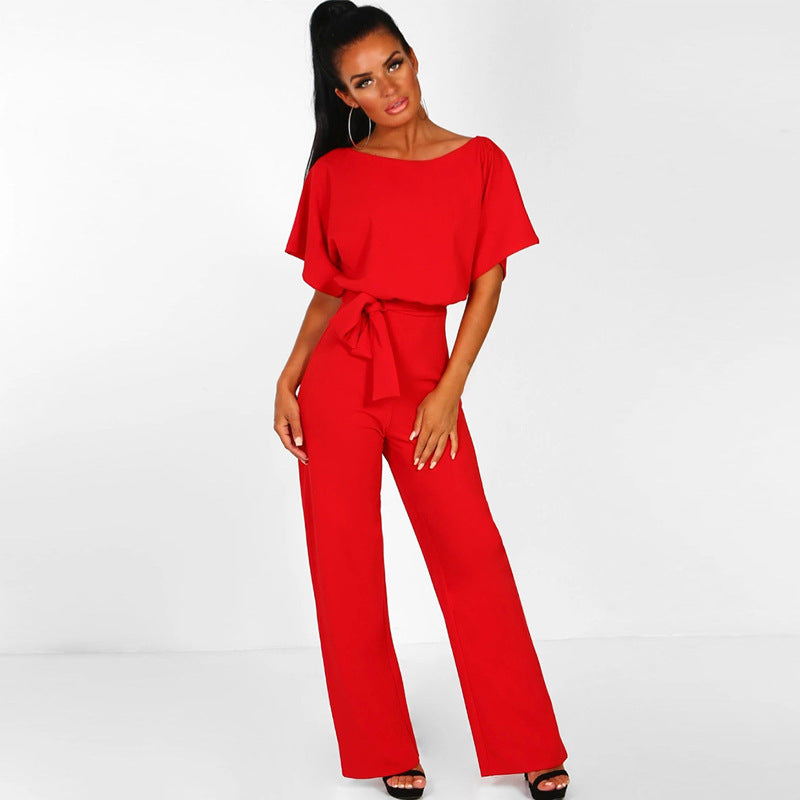 Dame Elegant Bred Ben Jumpsuit med Bindebælte Stilla