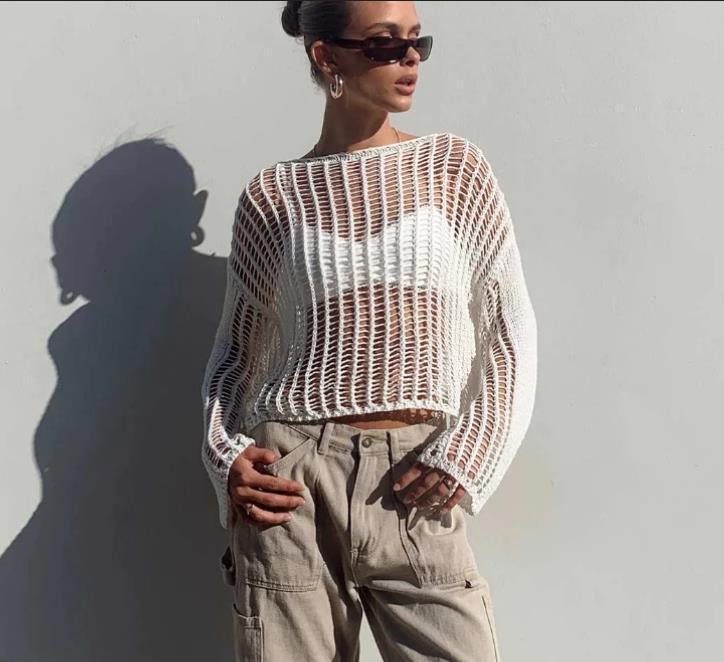 Dame Cropped Open Knit Pullover Stilla