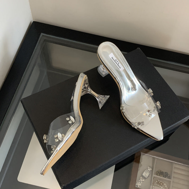 Dame åbne højhælede sandaler med gennemsigtigt overmateriale og glitrende applikationer Stilla