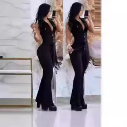 Dame elegant flared jumpsuit med knapliste og taljeret silhuet Stilla