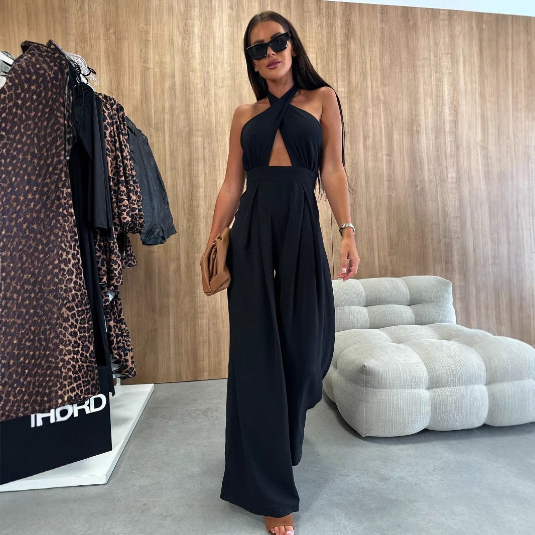 Damer Elegant Jumpsuit med dyb udskæring og bredt skåret ben Stilla