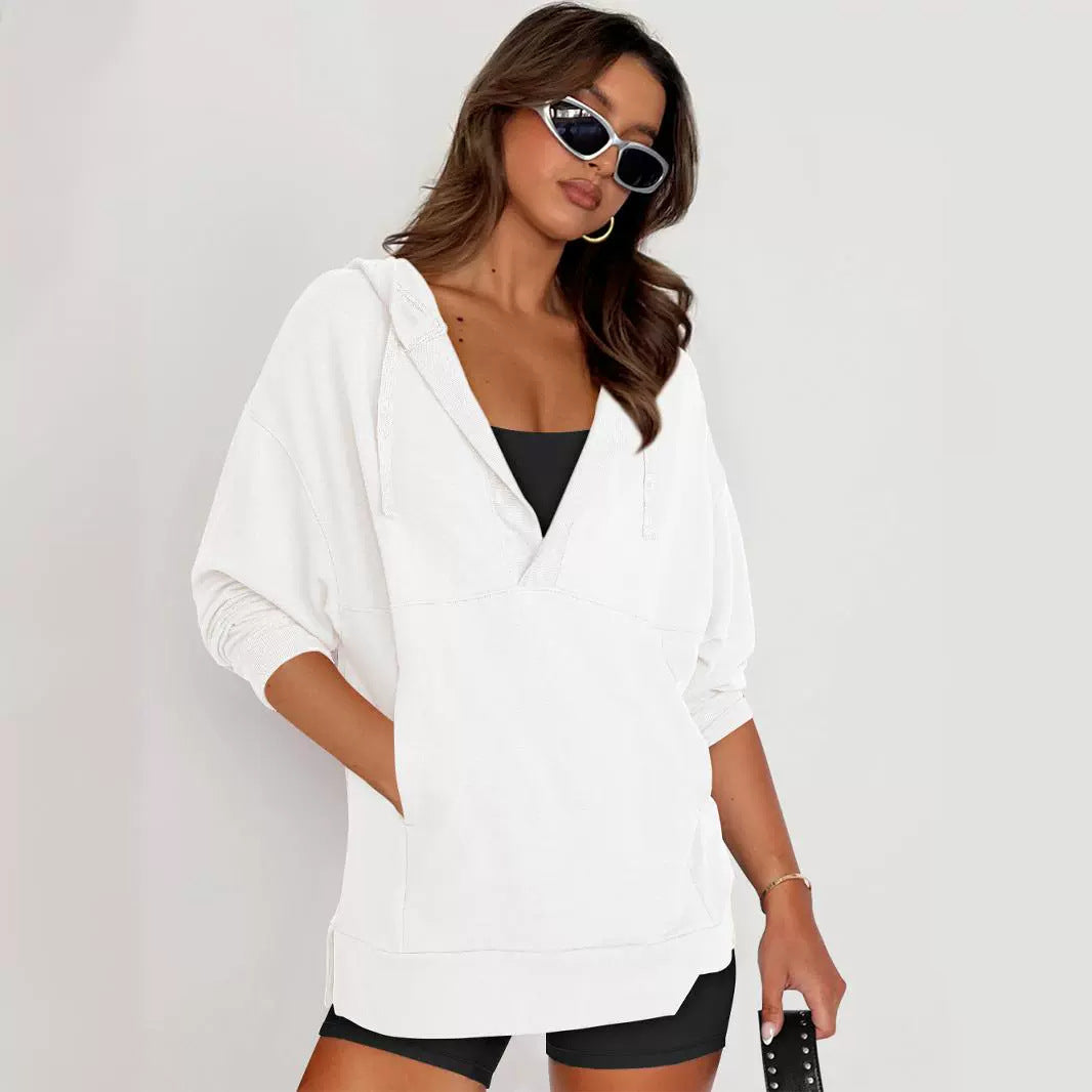 Dame afslappet hættetrøje med dyb V-hals og vide ærmer Stilla