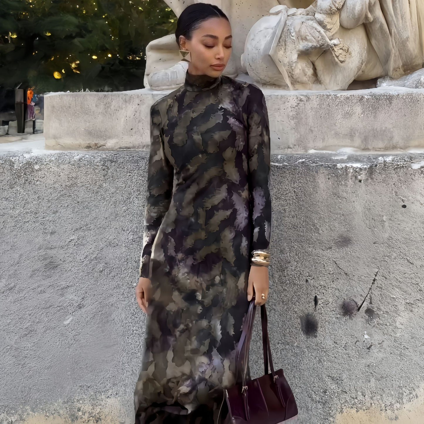 Dame Elegant Langærmet Maxi-kjole med høj krave og moderne camouflage-mønster Stilla