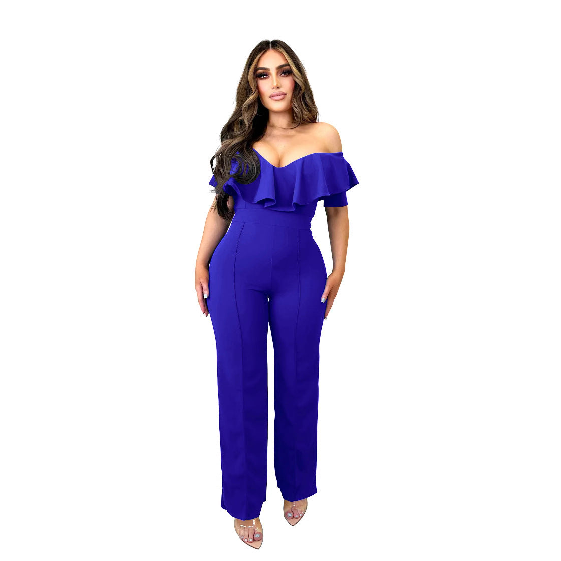 Dame elegant jumpsuit med flæset udskæring Stilla