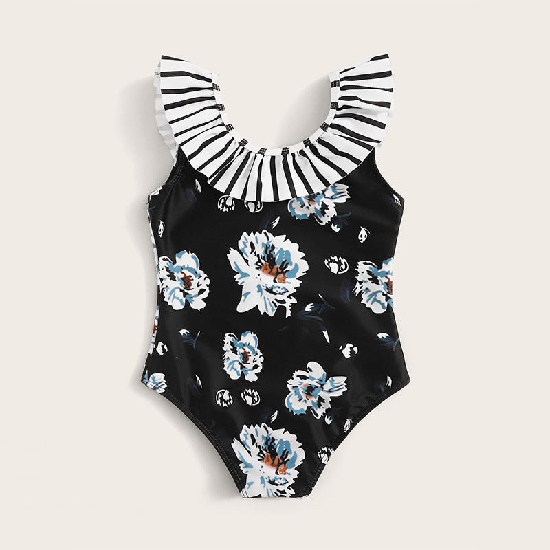 Dame Elegant Én-delt Badedragt med voluminøs Blonder Krave og Floral Design Stilla