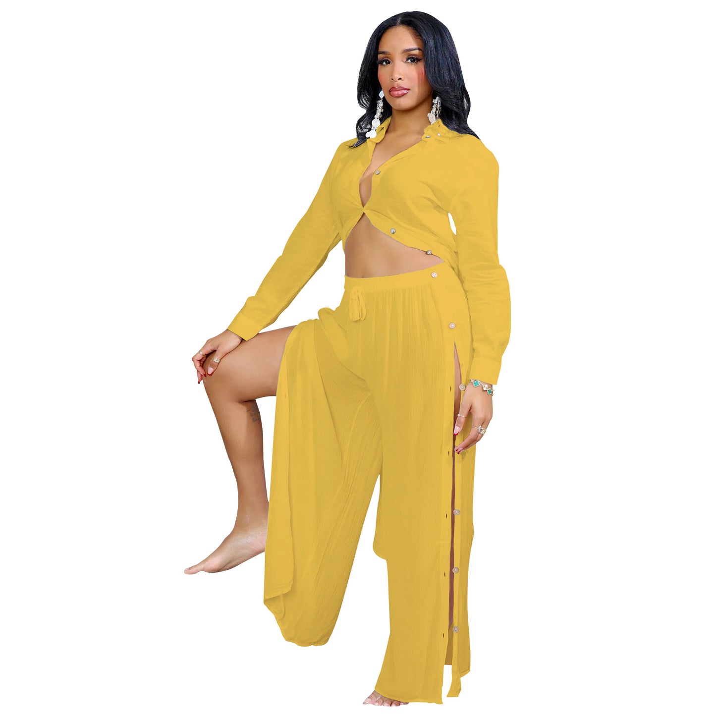 Dame afslappet fritidssæt med gennemgående skjorte og vide bukser Stilla