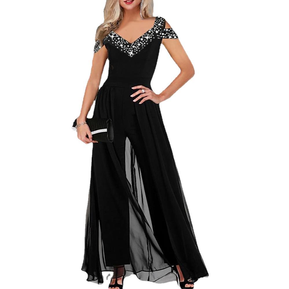 Dame elegant Empire-liv jumpsuit med gennemsigtig overlay Stilla