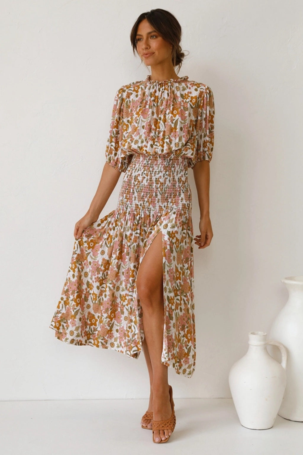 Dame Elegant Floral Rynkning Midi Kjole Stilla