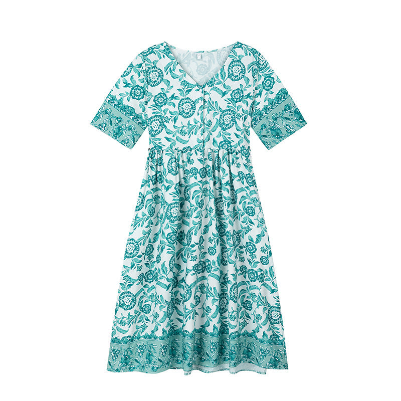 Dame Elegant Floral Trykt Kjole med V-Udskæring og Korte Ærmer Stilla