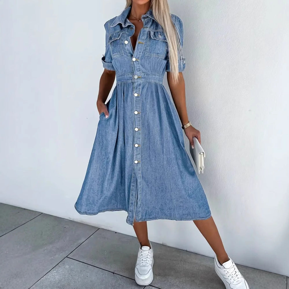 Dame Denim Skjortekjole med trykknaplukning og lommer Stilla