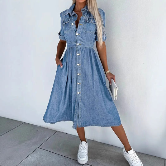 Dame Denim Skjortekjole med trykknaplukning og lommer Stilla