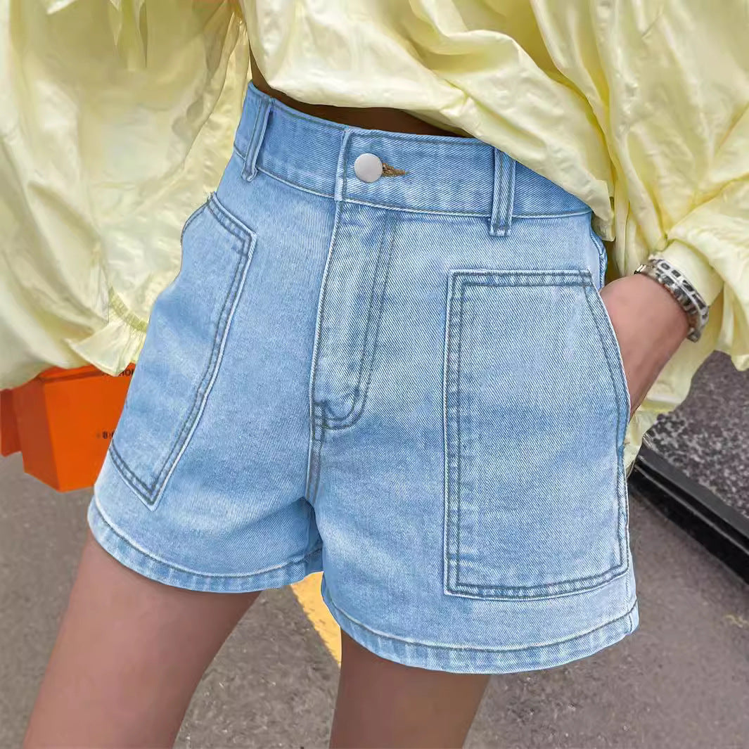Dame cropped Denim-jakke og shorts sæt med praktiske lommer og figursyet snit Stilla