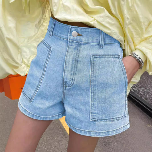Dame cropped Denim-jakke og shorts sæt med praktiske lommer og figursyet snit Stilla