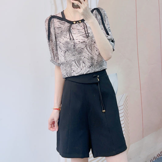 Dame Elegant Bluse med kunstnerisk mønster og stilfuld snor Stilla