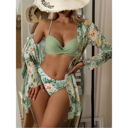Dame 3-delt badetøj sæt med gennemsigtig strandoverfrakke og blomster bikini Stilla
