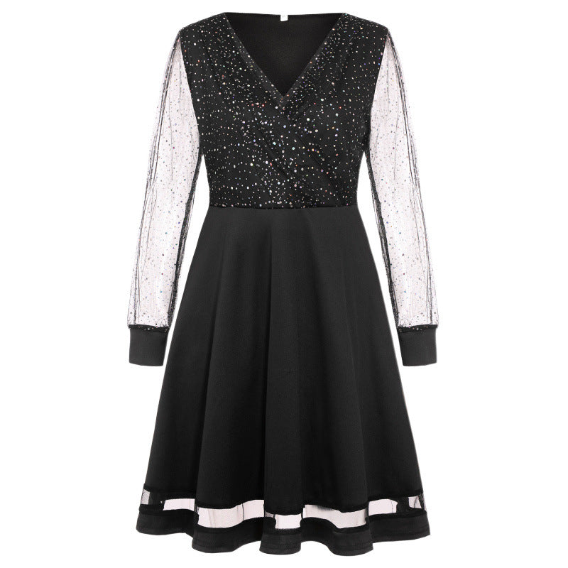 Dame elegant glitrende mini-kjole med gennemsigtige lange ærmer Stilla