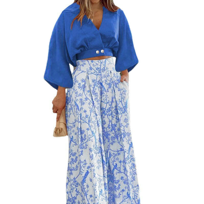 Dame Elegant Crop-top med vid maxi-nederdel og blomster mønster Stilla