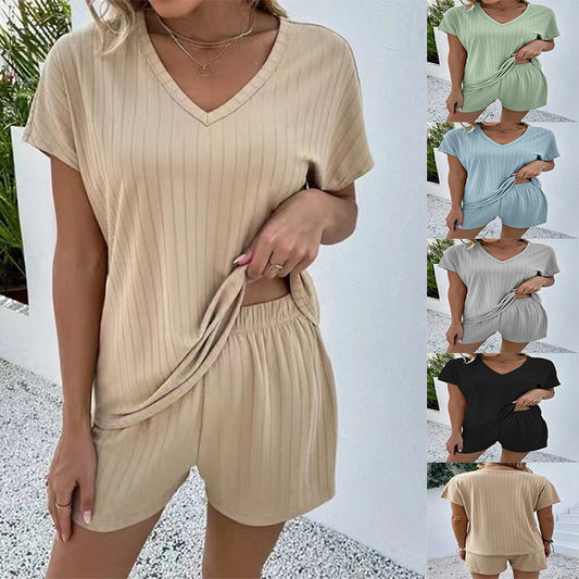 Dame Casual V-hals Kortærmet Pyjamas med Shorts Stilla